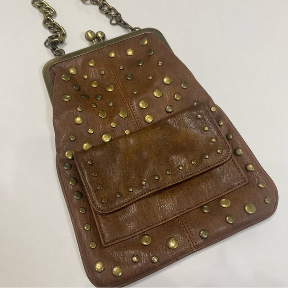 Jessica Simpson Brown Studded Leather Messenger crossbody Bag. Lining picture - Picture 2 of 11